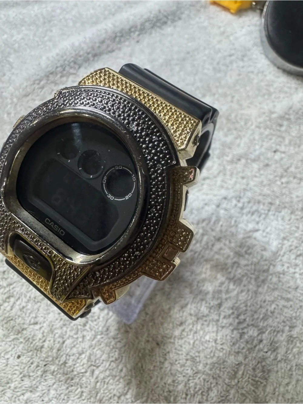 Casio Digital Watch with Black Strap and Gold-Tone Bezel